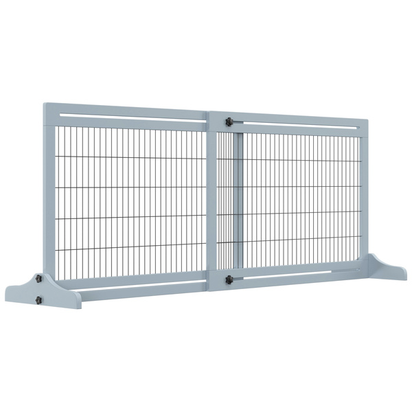 PawHut Freestanding Dog Gate, Foldable Pet Fence, Indoor Wood Barrier, Stair Gate with Support Feet, for Doorway, Hallway, Small and Medium Dogs, 69H x 104-180 cm, Blue-grey