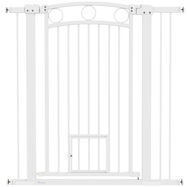 PawHut 106cm Tall Dog Gate with Cat Door, 7cm and 14cm Extensions, for Stairs, Doorways, 76-104cm Width