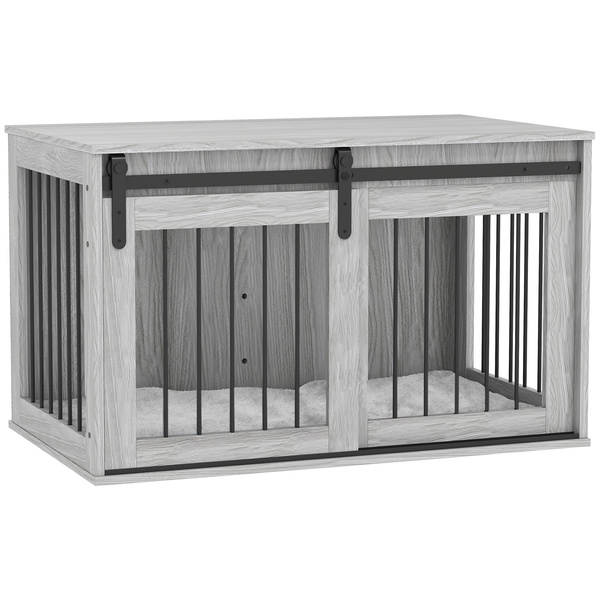 PawHut 98cm Dog Crate Furniture with Removable Cushion for Large Dogs - Grey