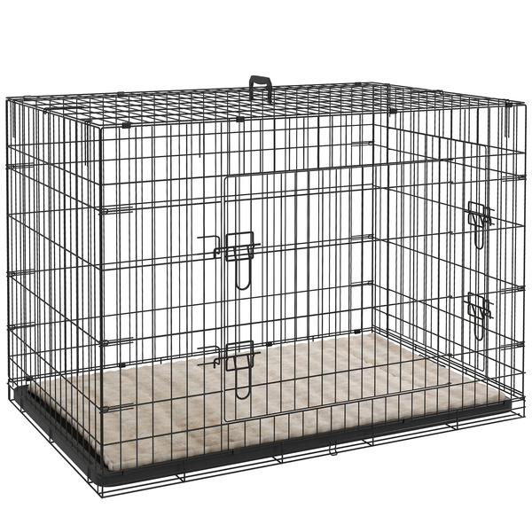 PawHut Foldable Dog Crate with 2 Doors with Tray, Soft Cushion, for Extra and Large Dogs, 105 x 70 x 75, Black