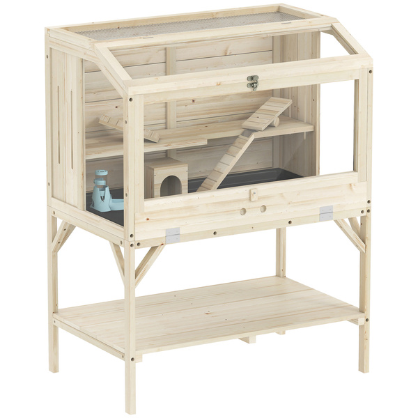 PawHut 2 Tier Wooden Hamster Cage with Shelf and Openable Top