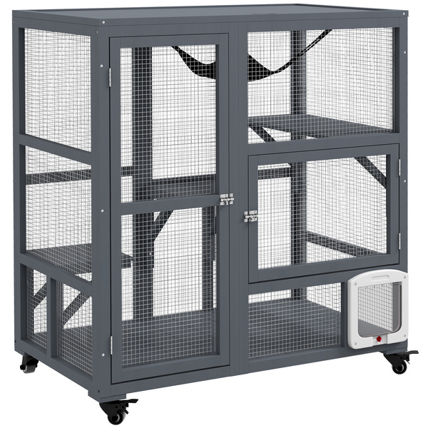PawHut Cat House, Wooden Indoor Catio Cat Enclosure on Wheels, Wooden Kitty Cage with Platforms, Hammock, Light Grey