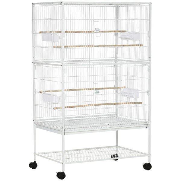 PawHut Large Bird Cage Budgie Cage for Finch Canaries Parakeet with Rolling Stand, Slide-out Tray, Storage Shelf, Food Containers, White