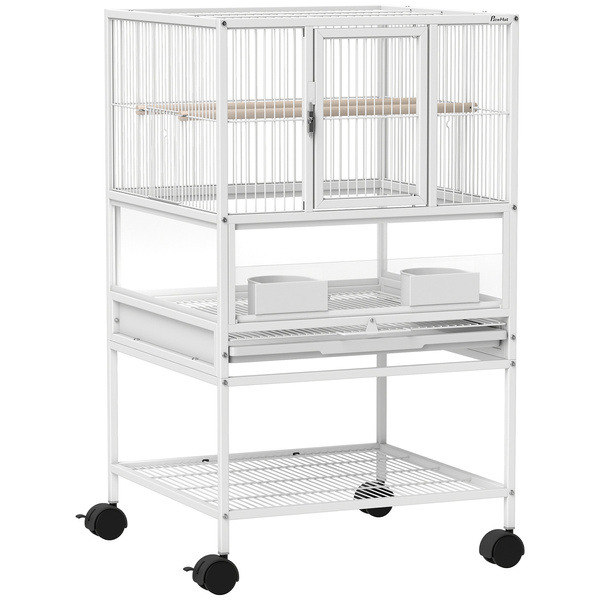 PawHut Bird Cage with Rolling Stand, Acrylic Viewing Panels, Storage Shelf, for Budgie, Parakeet, 48 x 46 x 83 cm