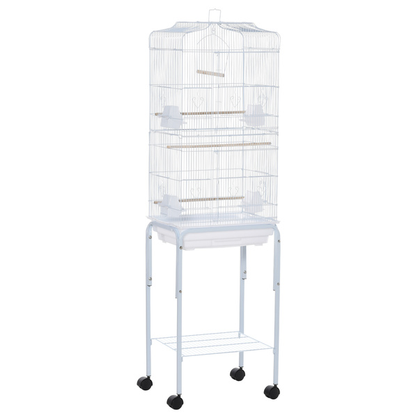 PawHut Bird Cage Budgie Cages for Finch Canary Parakeet with Stand Wheels Slide-out Tray Accessories Storage Shelf, White 46.5 x 36 x 157 cm