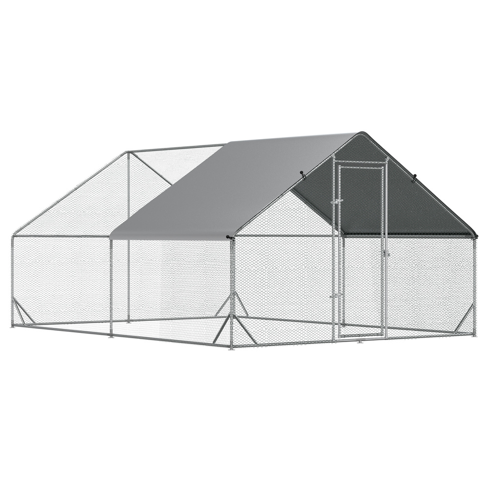 PawHut Chicken Walk-in Run, Galvanised Chicken Coop, Hen Poultry House Cage, Rabbit Hutch Pet Playpen Garden w/ Water-Resist Cover, 3 x 4 x 2m