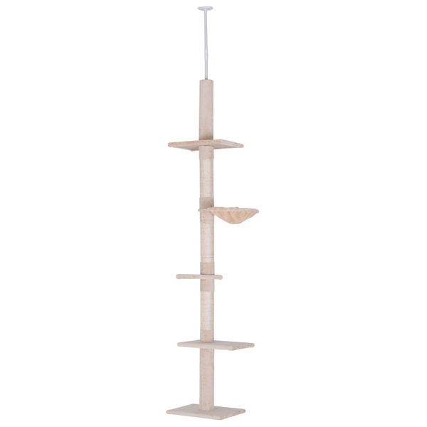 PawHut Floor to Ceiling Cat Tree 230-260cm Height Adjustable, 5-Tier Cat Tower with Scratching Posts, Hammock, Perches, Climbing Activity Centre for Indoor Kittens Playing and Relaxing, Beige