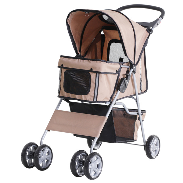 PawHut Pet Stroller for Small Miniature Dogs Cats Foldable Travel Carriage with Wheels Zipper Entry Cup Holder Storage Basket Brown