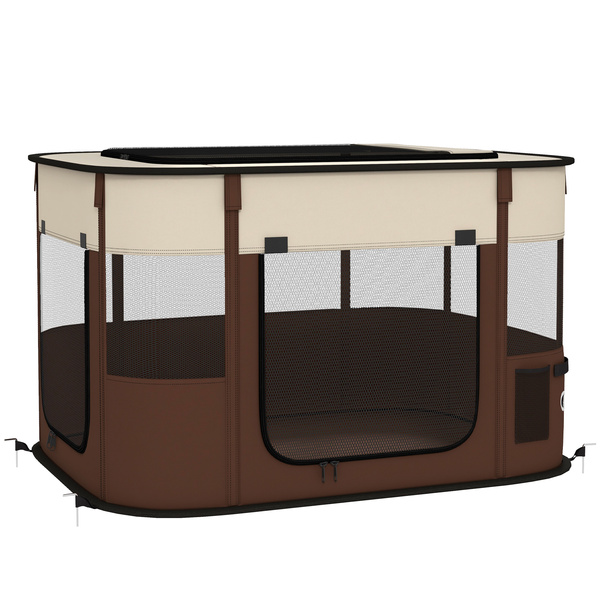 PawHut Foldable Dog Pen with Storage Bag for Indoor/Outdoor Use, Portable Pet playpen, with Ground Stakes - Brown