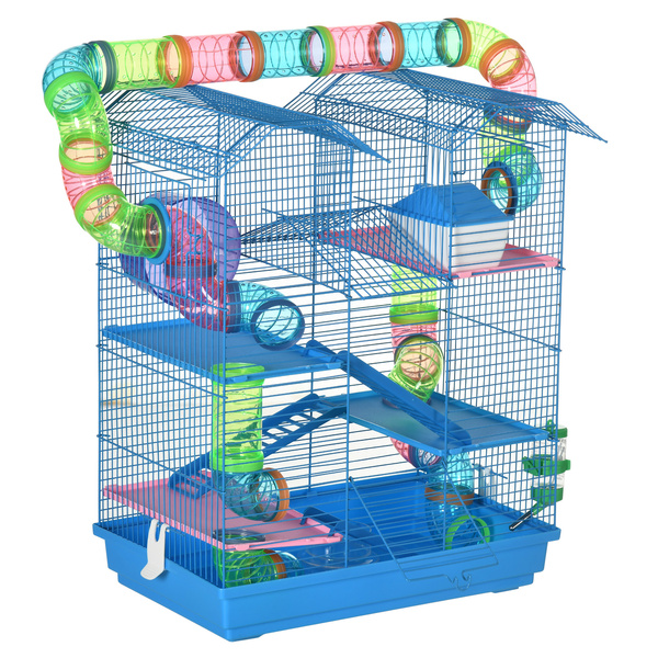 PawHut Hamster Cage, 5 Tier Carrier Habitat with Exercise Wheels Tunnel Tube Water Bottle Dishes House Ladder, Gerbil Cage for Dwarf Mice, Blue
