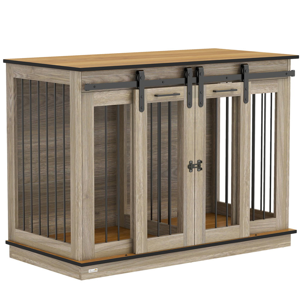 PawHut Dog Crate Furniture for Large Dogs, Double Dog Cage for Small Dogs, with Sliding Doors - Oak Tone