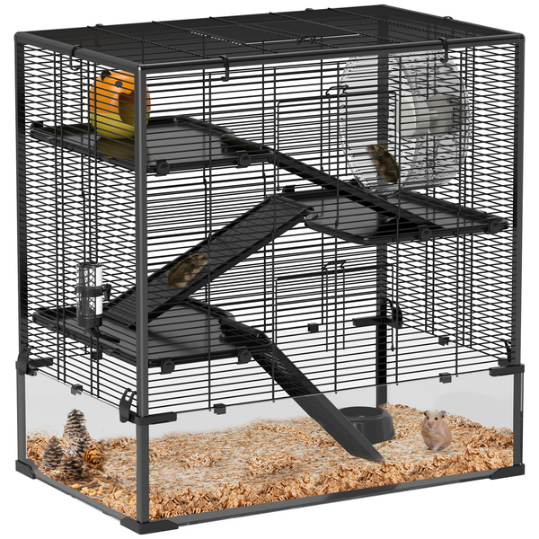 PawHut Four-Tier Hamster Cage with Deep Tempered Glass Bottom, Hut, Running Wheel, Food Dish, Water Bottle, 78.5 x 48.5 x 80cm