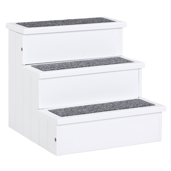 PawHut Dog Steps for Bed Sofa, 3 Step Wooden Dog Stairs for Sofa, Pet Stairs with Storage for Small Cats and Puppy, White