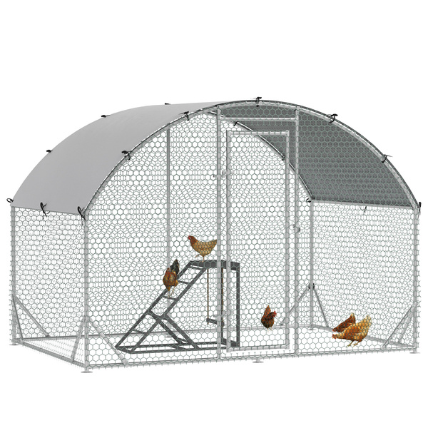 PawHut Walk-In Chicken Run, Metal Chicken Coop with Cover, Outdoor Hen Poultry House Cage with Chicken Activity Shelf, for Chickens, Rabbits, Ducks, 2.8 x 1.9 x 2m
