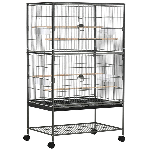 PawHut Large Bird Cage Budgie Cage for Finch Canaries Parakeet with Rolling Stand, Slide-out Tray, Storage Shelf, Food Containers, Dark Grey