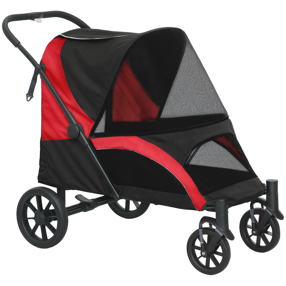 PawHut Foldable Pet Stroller for Large Dogs with Four Big Wheels, Shock-Absorbing Frame, Safety Leashes, Brakes, Red/Black