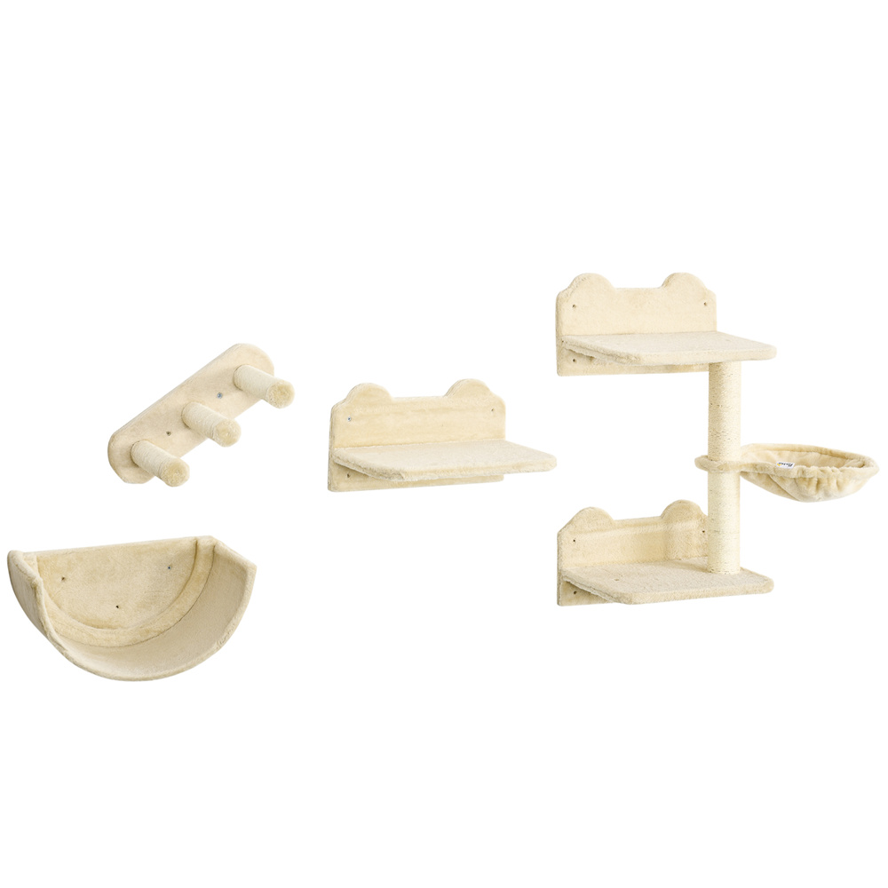 PawHut 4PCs Wall-Mounted Cat Shelves w/ Scratching Post, Hammock, Nest - Beige