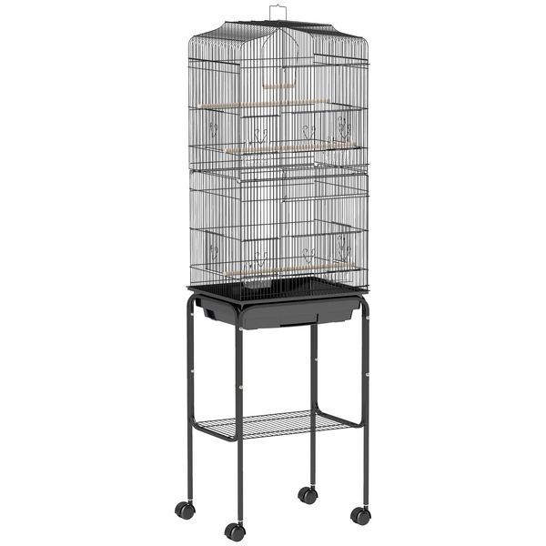 PawHut Bird Cage Budgie Cages for Finch Canary Parakeet with Stand Wheels Slide-out Tray Accessories Storage Shelf, Black 46.5 x 36 x 157 cm
