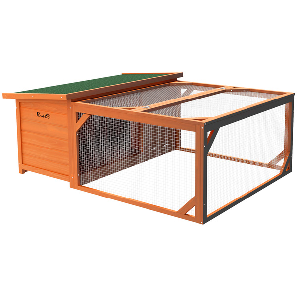 PawHut Rabbit Hutch Outdoor Guinea Pig Hutch with Run Small Animal Off-ground Duck House Hideaway Garden with Openable Roof 125.5 x 100 x 49cm Orange
