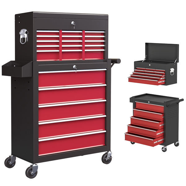 HOMCOM 14 Drawer, Two-Part Tool Storage Chest on Wheels - Red