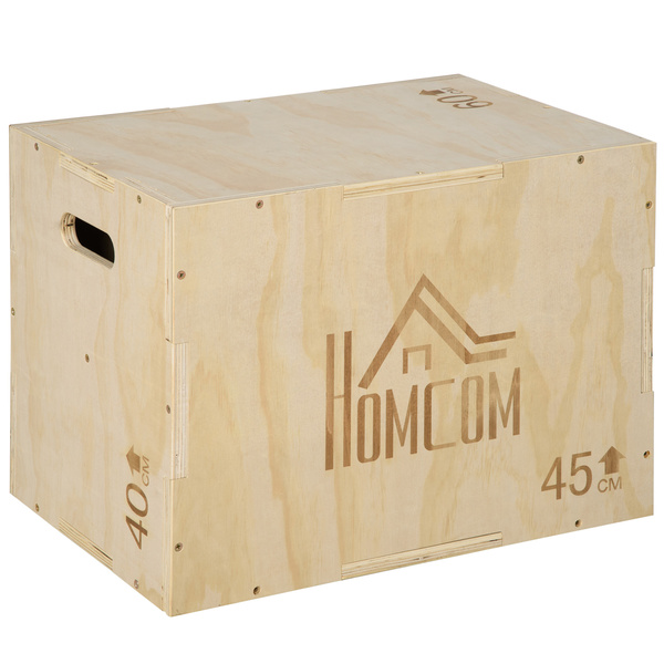 HOMCOM 3-in-1 Wooden Plyo Box, Plyometric Jump Box with Handle Openings for Home Gym, Workout Training, 45 x 40 x 60 cm, Natural