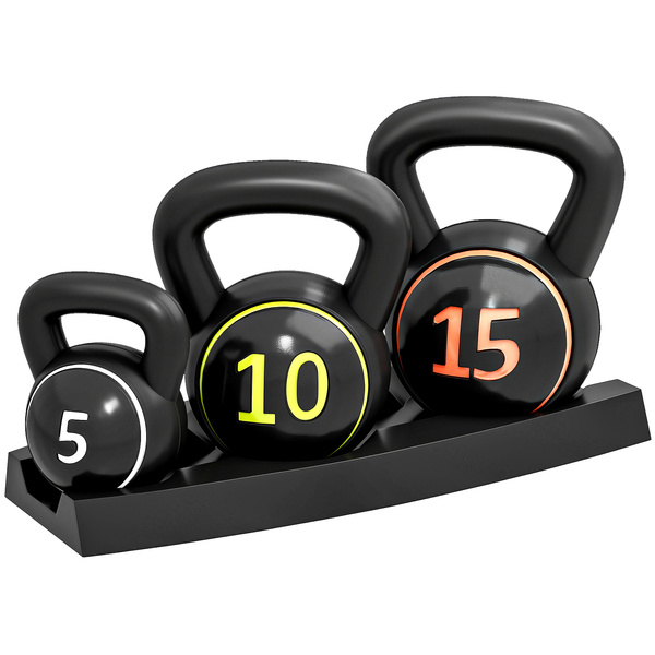 SPORTNOW Three-Piece Kettlebell Set, 5lbs, 10lbs, 15lbs with Storage Tray