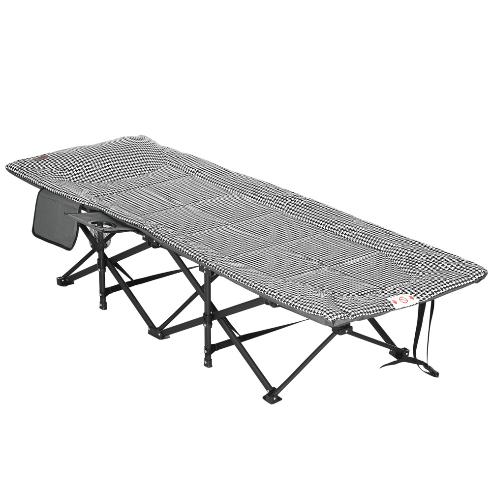 Outsunny Foldable Camp Bed, Padded Patio Camping Bed with Carry Bag, Magazine Bag and Cup Holder for Outdoor, Garden, Black