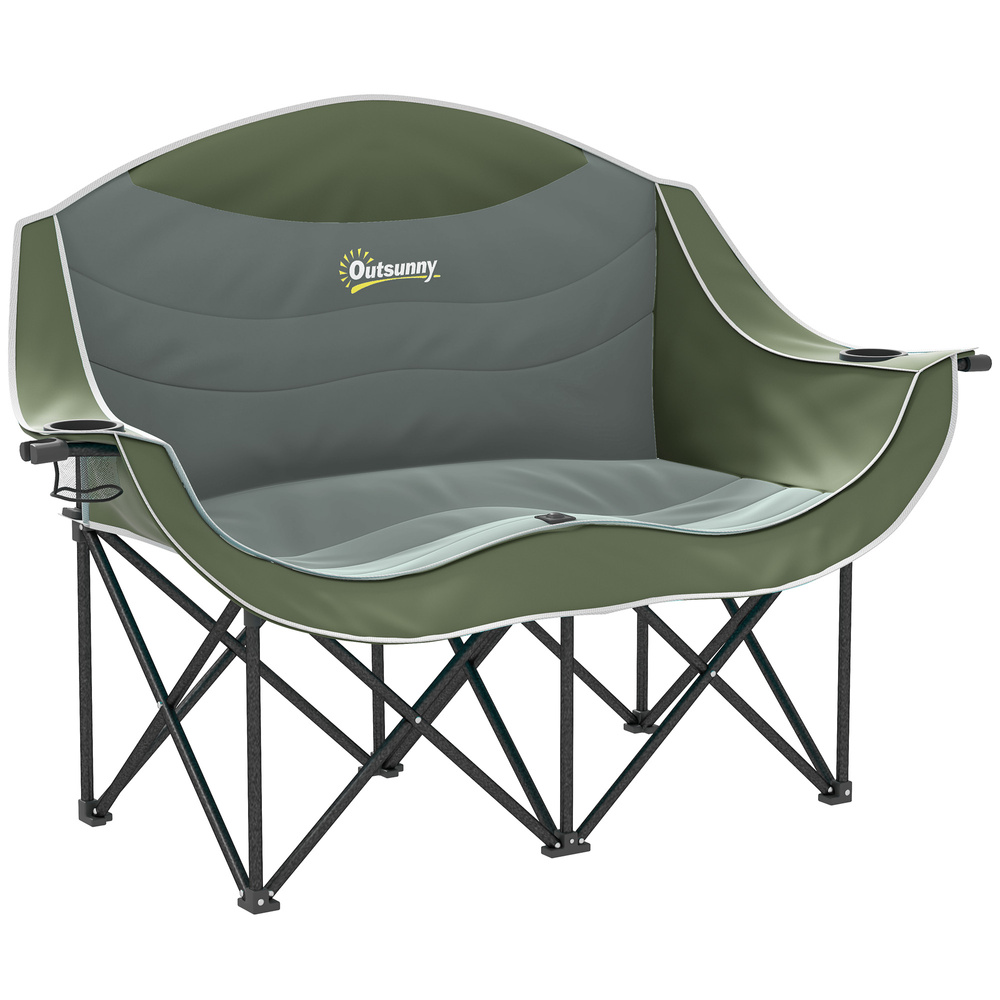 Outsunny Double Camping Chair for Adults with Armrests, Heavy Duty Oversized Padded Folding Chair with Carry Bag, Cup Holders for Outdoor Hiking Picnic Camping Fishing, 250kg Capacity, Green