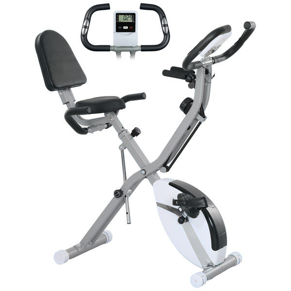 SPORTNOW Five-in-one Foldable Exercise Bike, Stationary Bike with Arm Workout Bands, LDC Monitor, Phone Holder, White