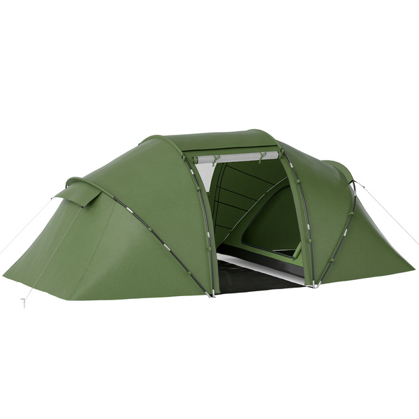 Outsunny 4-6 Man Camping Tent with Living Area and 2 Bedrooms, Hiking Sun Shelter, UV Protection Tunnel Tent, Dark Green