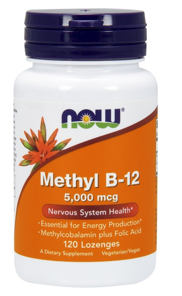 NOW Foods Metyl B-12 z Kwasem Foliowym 5000mcg na Produkcję Energii 120 Pastylek do ssania