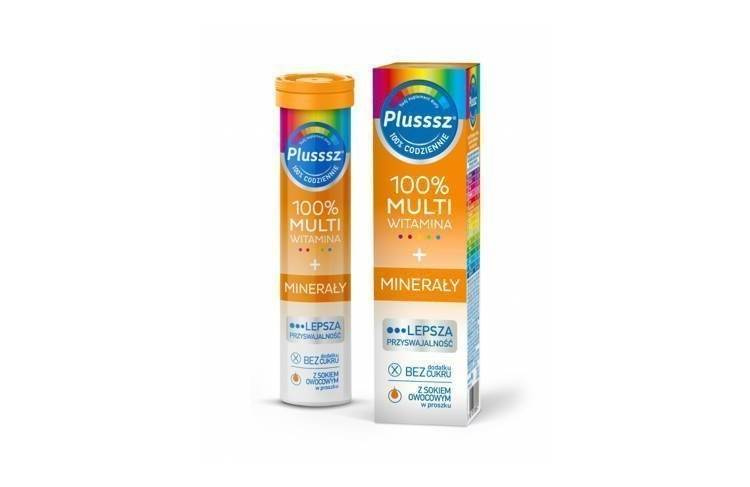 Plusssz 100% Multiwitamina + Minerały Tabletki Musujące o Smaku Mango Pomarańcza 20szt