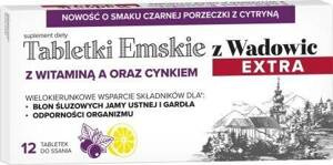 Polski Lek Tabletki Emskie z Wadowic Extra z Witaminą A oraz Cynkiem o Smaku Czarnej Porzeczki 12 Tabletek Best Before 31.08.26