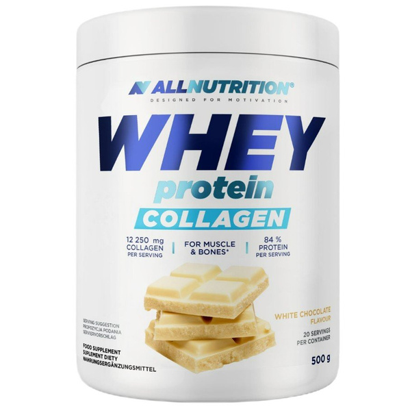 Allnutrition Whey Protein Collagen Biała Czekolada Odżywka Białkowa Na Większe Mięśnie i Mocne Kości 500g