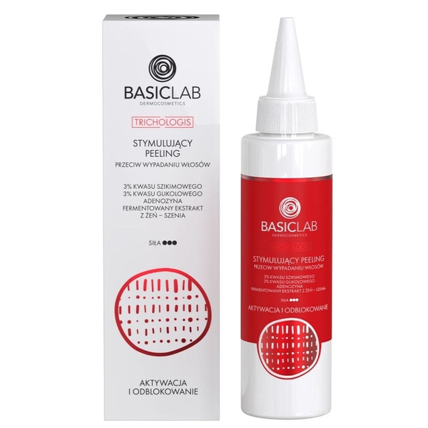 BasicLab Dermocosmetics Trichologis Pobudzający peeling trychologiczny przeciw wypadaniu włosów z 3% kwasem shikimowym i 3% kwasem glikolowym 150ml