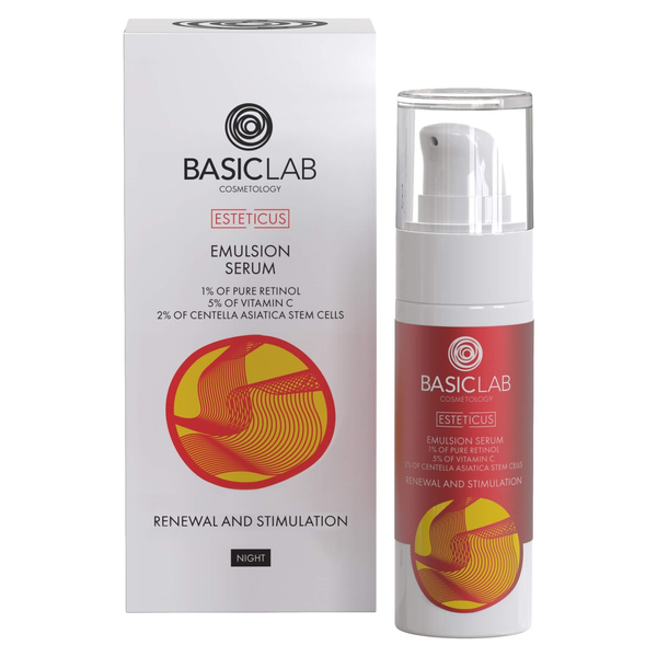 BasicLab Emulsyjne Serum z 1% Czystego Retinolu 5% Witaminą C Koenzymem Q10 i 2% Komórkami Macierzystymi z Wąkrotki Azjatyckiej Odnowa i Stymulacja na Noc 30ml