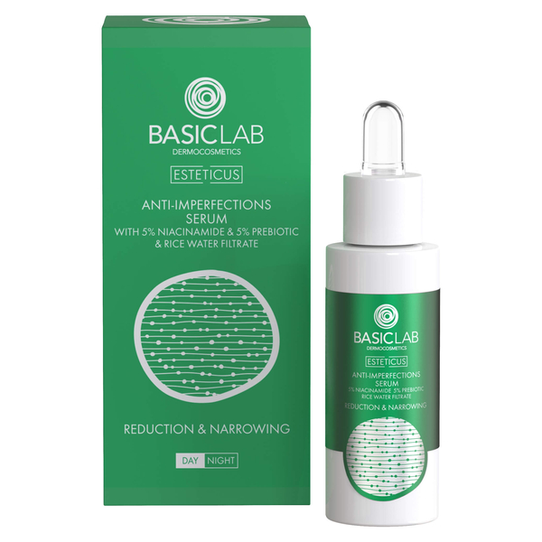 BasicLab Serum Zmniejszające Niedoskonałości z Niacynamidem 5% Redukcja i Zwężenie na Dzień i na Noc 30ml