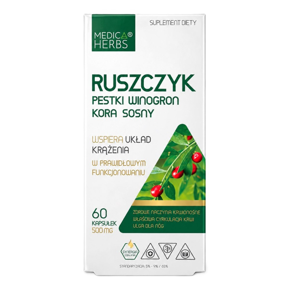 MEDICA HERBS Ruszczyk + Pestki Winogron + Kora Sosny 60 Kapsułek
