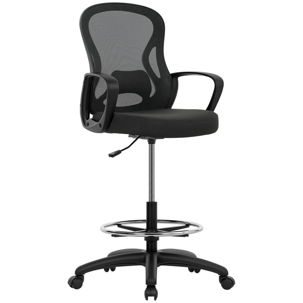 Vinsetto Drafting Chair with Adjustable Footrest, Ergonomic Mesh Office Chair with Lumbar Support, Adjustable Height for Standing Desk, Black