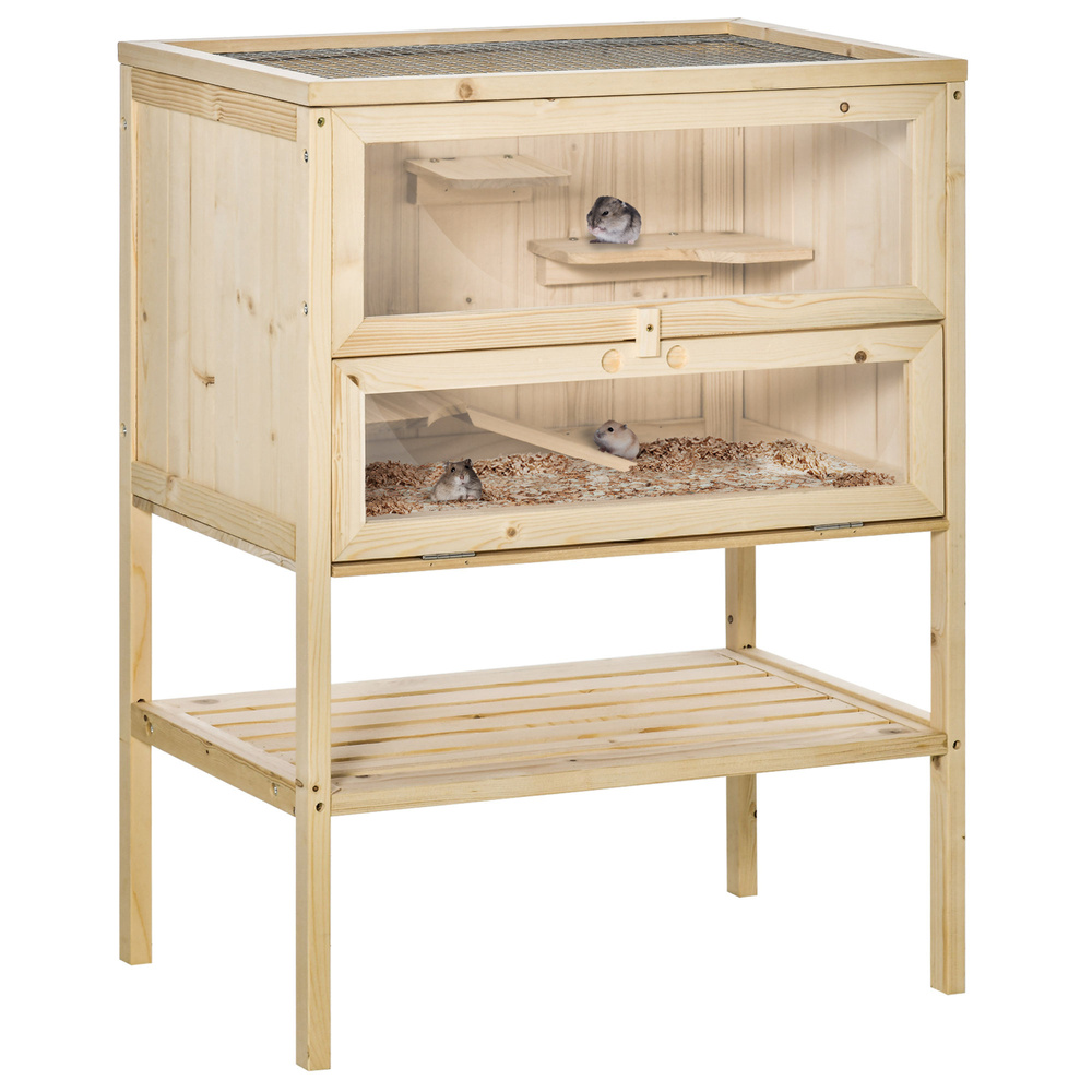 PawHut Wooden Hamster Cage with Storage Shelf, Small Animal Exercise Play House with Openable Top, Ramp for Gerbils, Drawf Hamsters, 60 x 40 x 80 cm - Natural