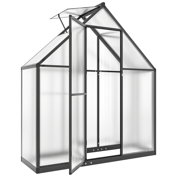 Outsunny Polycarbonate Greenhouse with Swing Door and Adjustable Window, Walk-in Greenhouse, 5.5 x 2ft, Black