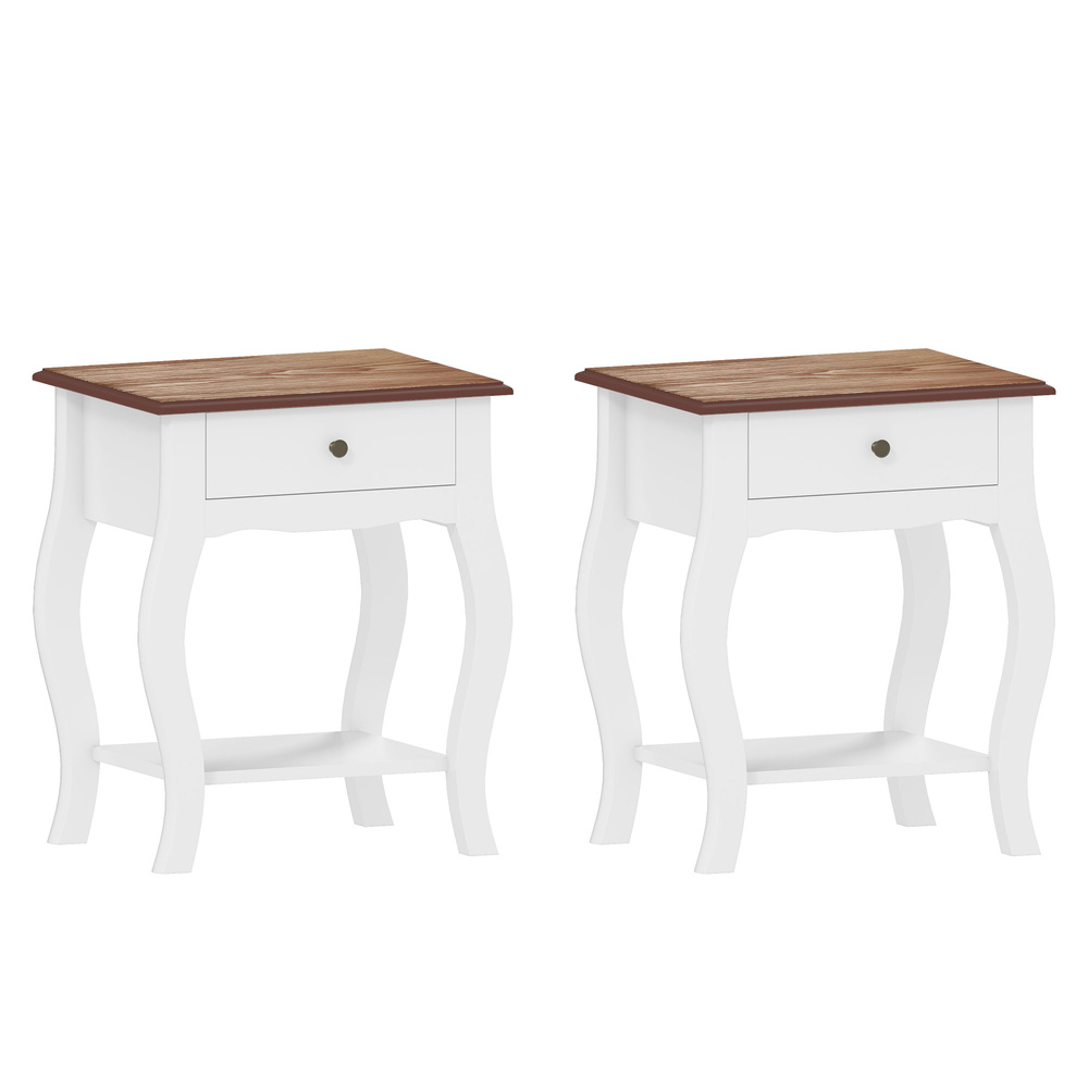 HOMCOM 2pcs Bedside Tables with Drawer, French Style Bedside Cabinets with Open Shelf for Bedroom, Living Room, White