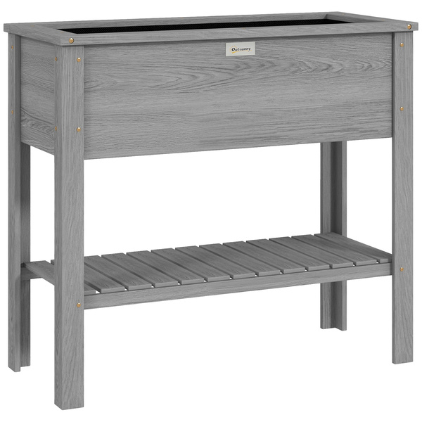Outsunny Wooden Raised Garden Bed, Elevated Planter Box with Storage Shelf and Drainage Holes, Raised Planter with Legs, Grey