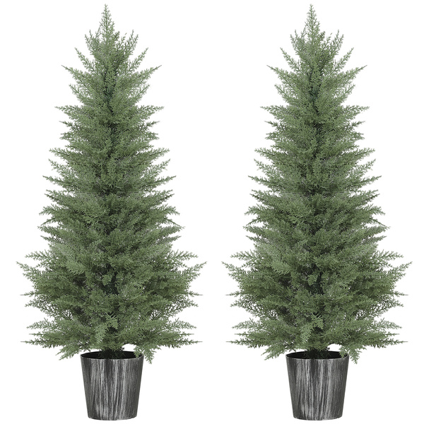 HOMCOM 135cm Artificial Cypress Trees Set of 2, UV Resistant Artificial Plants with Decorative Pot, Fake Plants for Indoor Outdoor Decor, Green