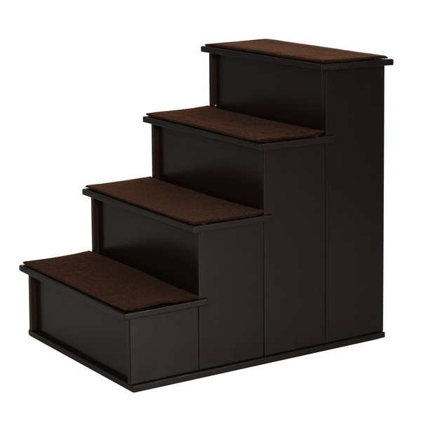 PawHut 4 Step Dog Steps for Bed, Wooden Dog Steps for Sofa, Pet Stairs for Bed Couch with Non-Slip Carpet for Cats and Puppies, 40 x 59 x 54.2 cm, Dark brown