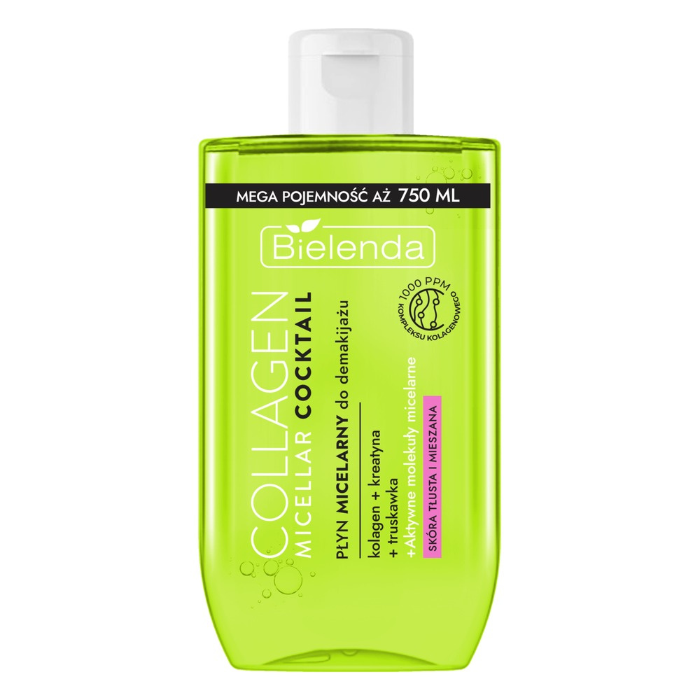 Bielenda Collagen płyn micelarny, skóra tłusta i mieszana, Kolagen + Kreatyna + Truskawka 750ml