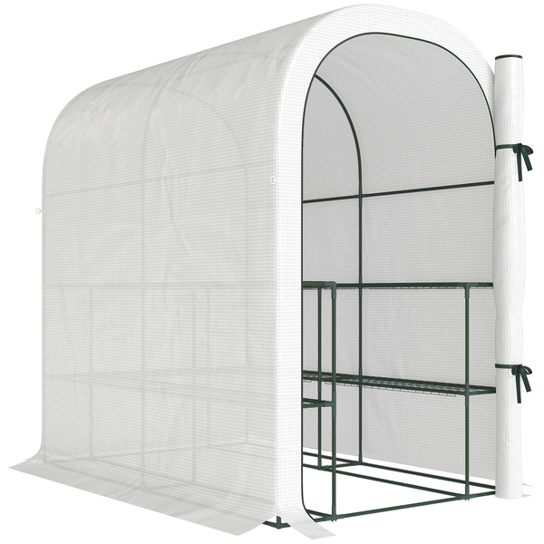 Outsunny Walk-in Greenhouse with Shelves, Small Greenhouse with PE Cover and Roll-up Door, 123 x 187 x 189 cm, White