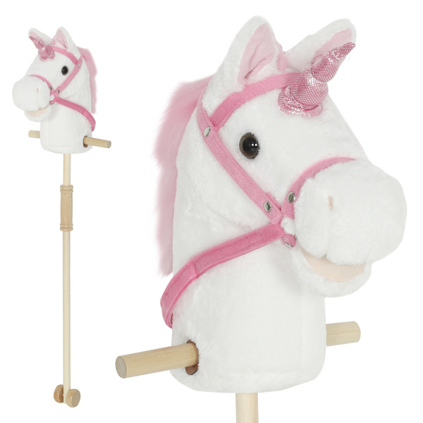 AIYAPLAY Unicorn Stick Horse with Wood Wheels, Real Pony Neighing and Galloping Sounds, Grip Handle, 95 cm, White