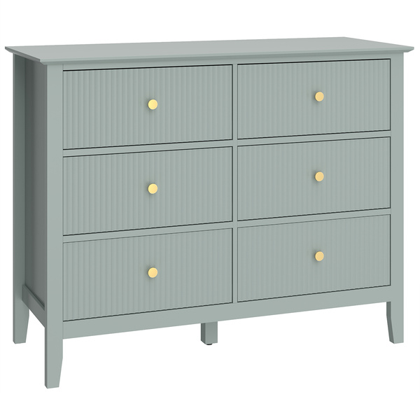 HOMCOM Fluted Dresser, 6 Drawer Chest of Drawers for Bedroom, Living Room, Hallway, Closet, Green