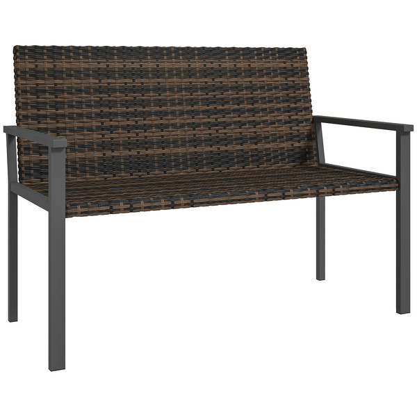 Outsunny 2 Seater Rattan Garden Bench, Outdoor Bench with Quick-Drying Cotton Padding, Wicker Garden Loveseat with Armrests, Steel Frame for Patio, Park, Mixed Brown